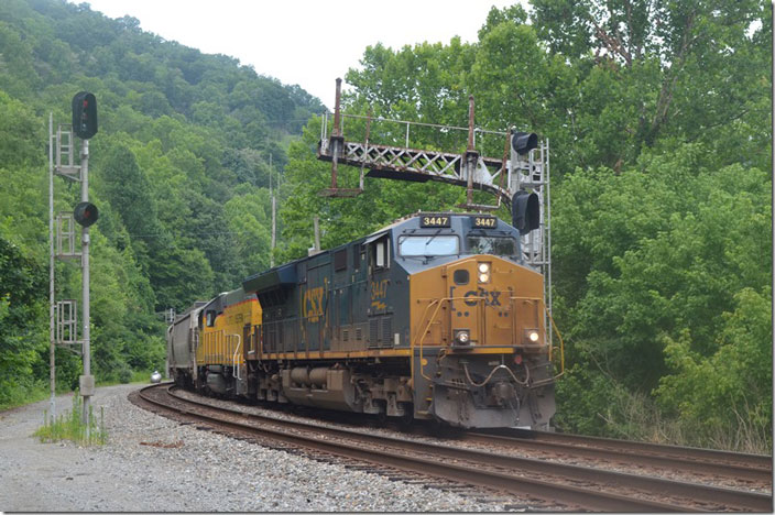 When M653-17 came by our house I noticed the unusual second engine. Due to the slow order on the main at the east end of Pauley (slide) I had time to beat it to FO Cabin. CSX 3447-CER 712. 07-17-2022