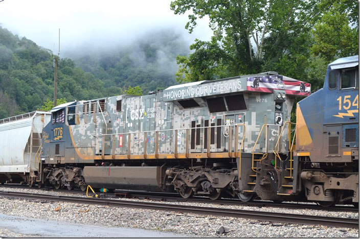 Here’s what my excitement is about! CSX No. 1776 is the former 3113, an ES44AC built 10-2013. Note the POW-MIA emblem below the rear sand fill cap. Shelby KY.