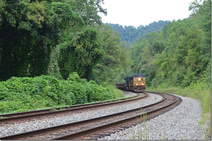 CSX 277 and an unidentified unit head westbound work train W371. FO Cabin KY.