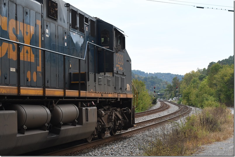 Medium clear signal at Beaver Jct. to cross from No. 2 to No. 1 and proceed to Shelby. CSX 7233. Beaver Jct.