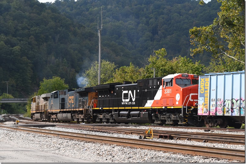 B670 has 92 empties including two buffers. I’m not crazy about seeing CNs on the old Illinois Central, but their paint scheme is a classic especially when fresh. 09-23-2024. CN 2763 - CSX 70 - CN 3381. Shelby.