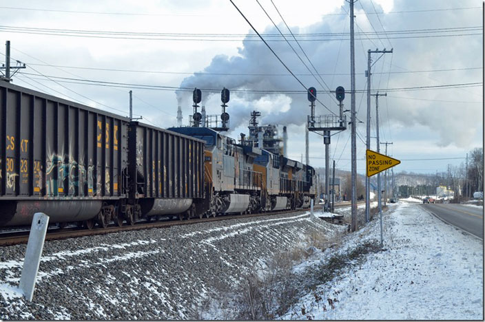 Clear signal on #2 Track. The steam is from Calgon Corporations activated carbon plant. That’s old US 23 on the right. CSX 3272-3293-5107. Savage Branch.