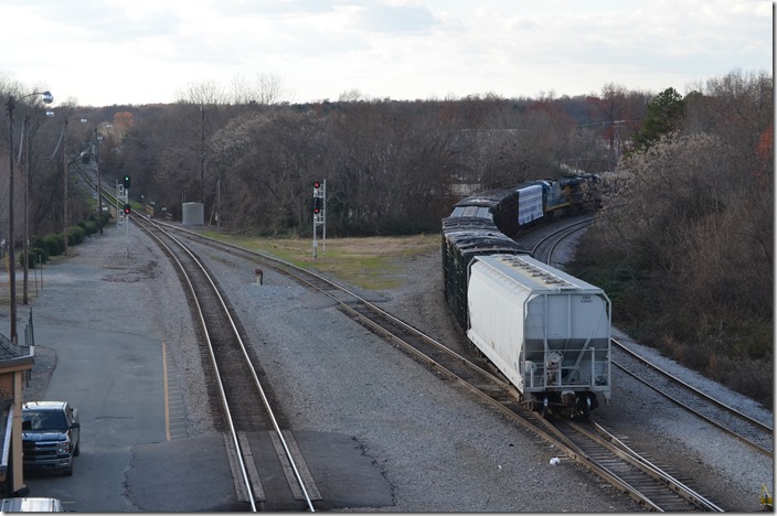 On the left is the Monroe SD from Hamlet NC to Abbeville SC. This is the former SAL main line to Atlanta. The Charlotte SD on the right extends railroad south to Charlotte and Bostic NC where the SAL connected with the former Clinchfield. Something is coming on the Monroe SD out of Hamlet Yard. CSX 5457-7550. Monroe NC.