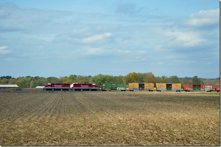 We caught up with this R. J. Corman Railroad train heading south at Dennis KY. RJC 3803-3805. 10-20-2020.