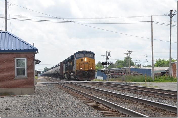 Westbound empty oil train K081 behind CSX 3117-790 hustles through Carey with 108 tanks and two buffers. Many of these cars were MVTX (Plains Marketing LP) which were rebuilt 04-2015 and classed as AAR ST-445. This train will also hang a right at Fostoria for Chicago. Carey OH.