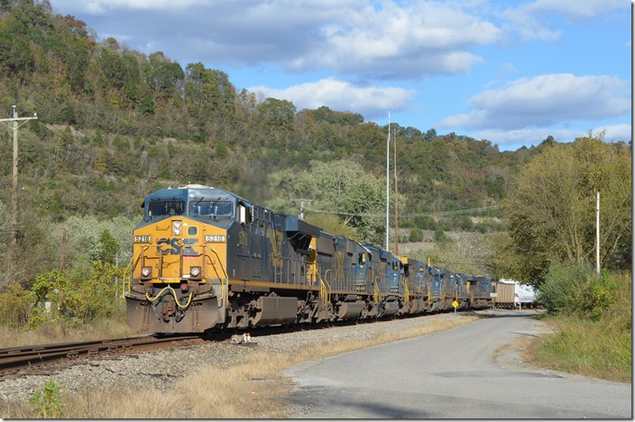 In a location I’ve shot many trains over the years, X803 passes Betsy Layne behind 5218-8549-8465-618-6011-662-8501-742 with a train of miscellaneous CSX rolling stock from the Erwin car shop and project shop plus a few private cars. For the foreseeable future at least, this will be the last “manifest” seen on Big Sandy.