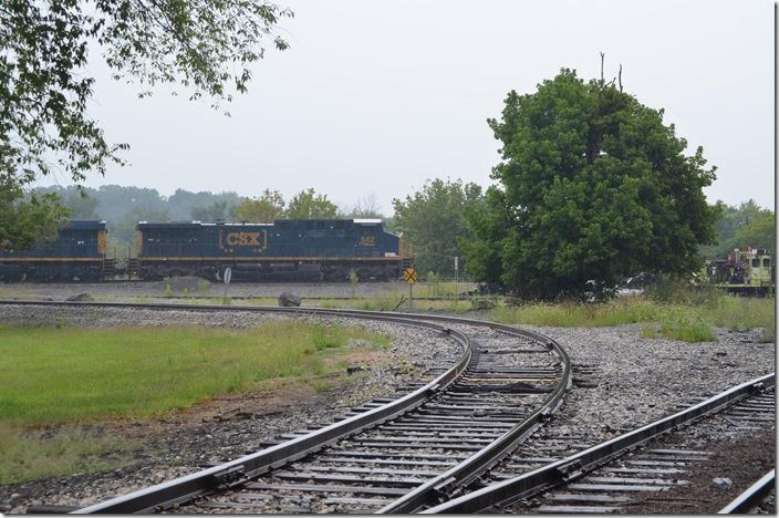 CSX 542-843 are parked on the east siding with coal train N786-25 (Monongahelia County Mine to Curtis Bay). Mon County is the old Blacksville 2 Mine. It was acquired a few years ago from Consol Energy by Murray Energy. In the Foreground is the wye to the South Branch Valley Railroad. Green Spring WV.