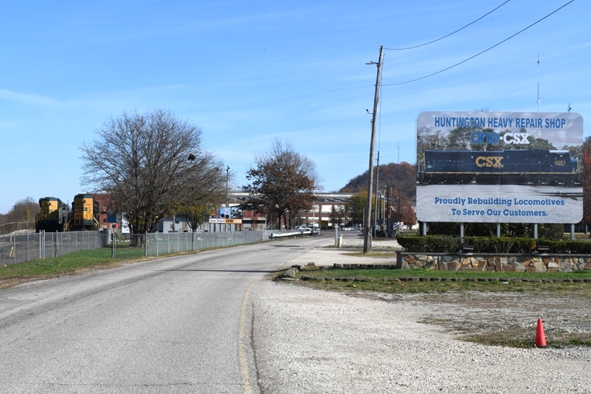 Entrance to Huntington Locomotive Shop. Some stored engines are on the left. 11-30-2024.