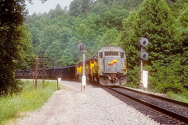 Patch. CSX SD50s 8615-8573-8574 assault Crooked Hill with a southbound Corbin-bound coal train from Ravenna.