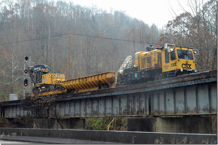 CSX MW 201201 TUGR parked on the old Greenbrier Branch (Haysi Railroad) at Haysi VA. This was on a grubby Saturday, 11-23-2019, after the annual Santa Train ran.