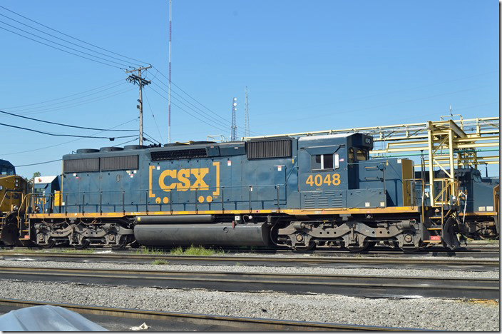 CSX SD40-3 4048 is ex-SD40-2 8085. Queensgate OH. 08-02-2019.