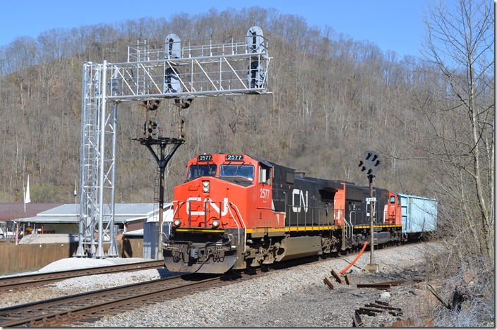 Opps! Better not leave! CN 2577-5767 lead 64M east with two spacers and 79 tankers of ethanol. 233 was waiting at Borderland, but I headed on to Logan County. Nolan.