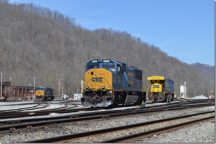 My guess is that the old store room and machine shop will soon be demolished. CSX 4535, 655, and 971. Peach Creek.