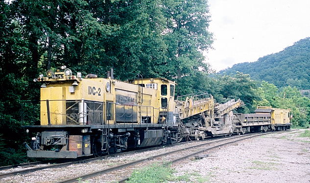 LORAM Maintenance of Way ditch cleaner DC-2 parked on the Hale 3 siding at Harold.