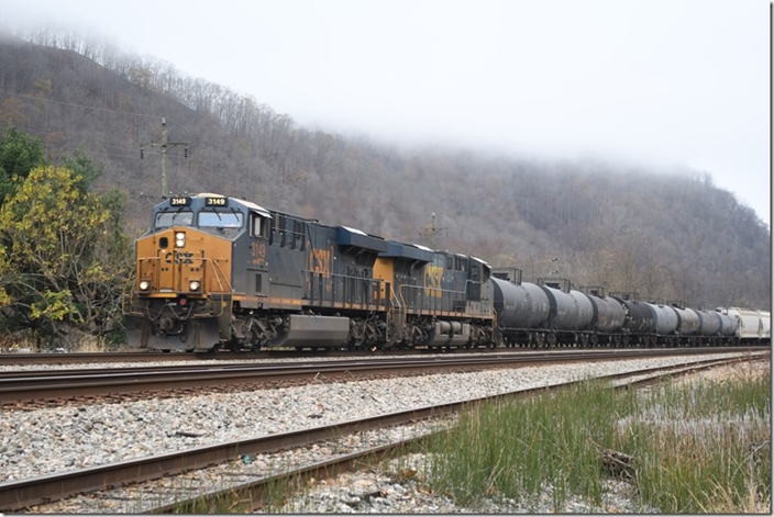 It wasn’t long before this eastbound freight came by. Nos. 3149-793 had 123 cars. I didn’t understand the train designation, but it had a lot of detoured cars that came from the Big Sandy. 11-17-2024. Meadow Creek EE.