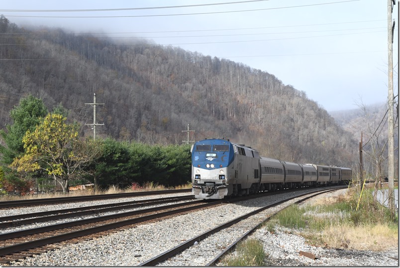 At 11:25 AM Amtrak #50 whizzed by on track 1. Amtrak engine 59 is a P42DC from a group built by GE 1996-97. Meadow Creek EE.