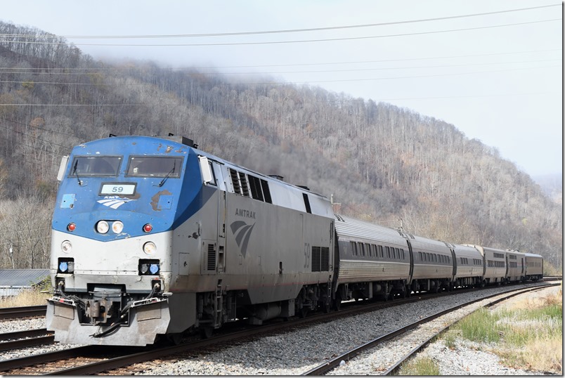Amtrak 59 P050 is more or less on time this day. He’s on track 1 for the station stop at Hinton. Meadow Creek EE.