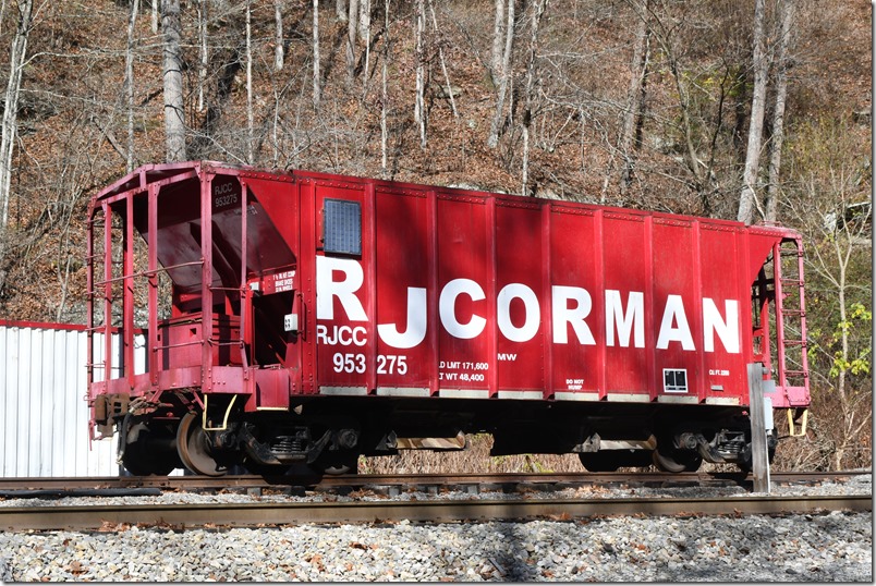 I followed R. J. Corman’s ex-C&O branch from Pax to Thurmond with hopes of finding their two SD70Ms. RJCC (R J Corman Central Kentucky Lines) MW ballast car 953275 was parked at Harvey where RJC maintains an office trailer. This car has a load limit of 171,800 lbs., and a volume of 2,200 cubic feet. I understand that it was originally built or rebuilt by CB&Q in the 1950s. Harvey WV.