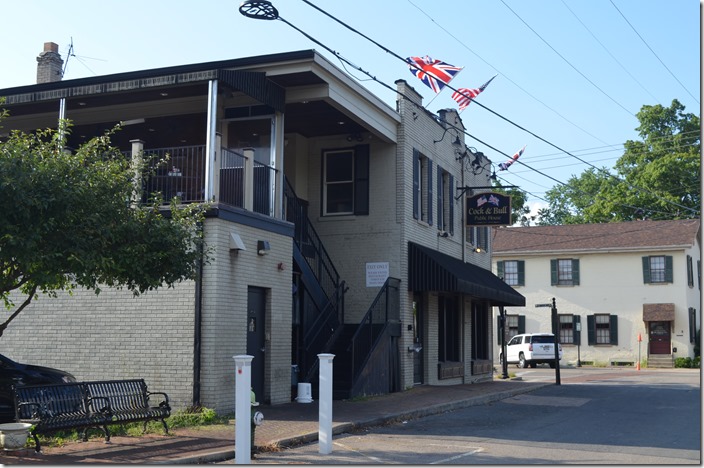 Cock & Bull Public House. Glendale OH. On the left, upstairs, is an open area for dining. 08-02-2019.