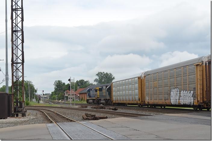 AC Tower and the Marion union station are in the background. The CSX connection between the Indianapolis Line SD and Columbus SD is in the foreground. CSX 7627-8593. Marion OH. View 2.