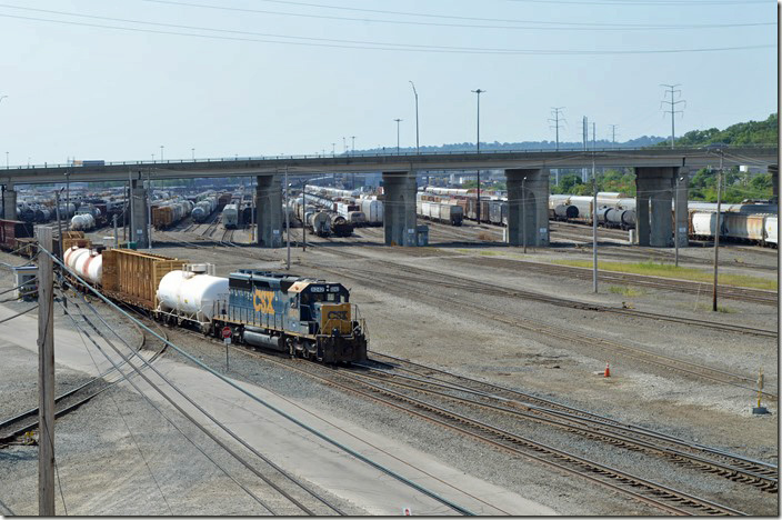 View from the vacant trim tower of CSX 8242. Trim jobs couple cars in the bowl yard and assemble outbound trains in the departure yard. Queensgate OH.