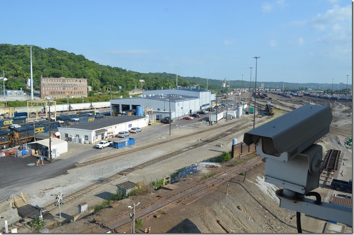 Hump and shop area with TV camera in foreground. CSX terminal shop. Queensgate OH.