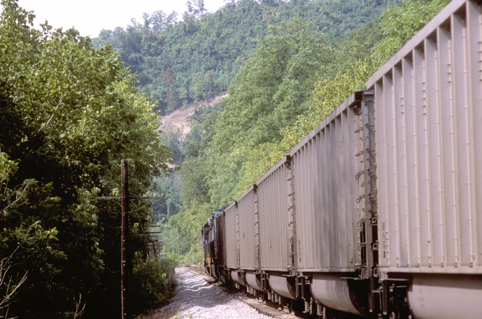 C843 n/b rolls up to the south end of Dent (Cornettsville on the map) facing a red signal. View 2.