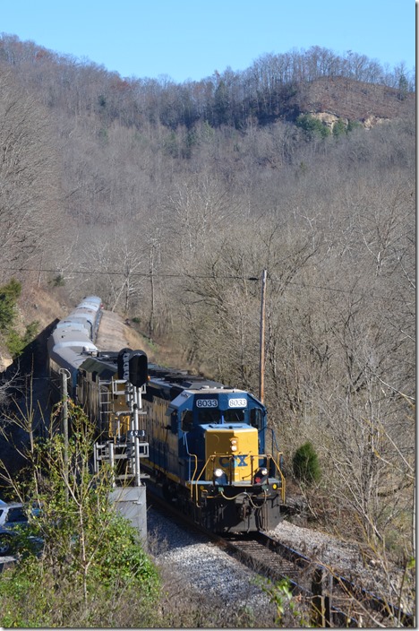 After a stop at St. Paul, the Santa Train is rolling along the Clinch River at Carfax VA. CSX Santa Train Carfax.