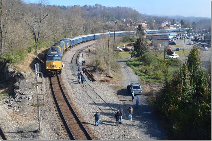 Arriving St. Paul VA at 10:53 for a 20 minute stop. Years ago when L&N obtained trackage rights to run over the N&W from Norton to St. Paul, that siding was used to park the L&N engines after they deposited their trains at Castle storage track. CSX 9992-9999-9993.