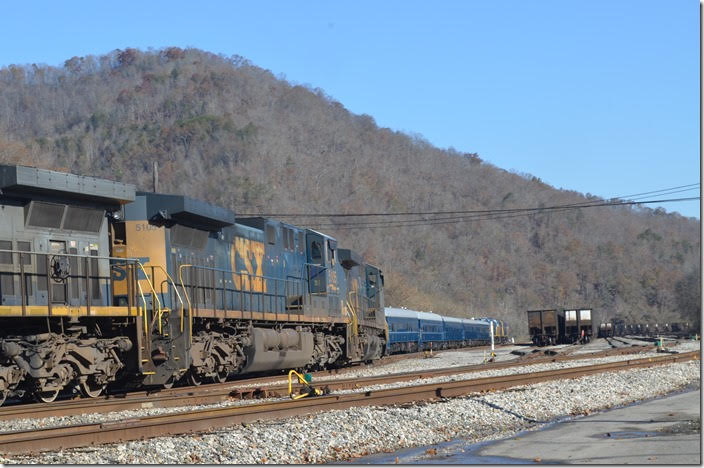 G691-14 pulls to a stop for a crew change. The outbound crew had just arrived by taxi from Kingsport. CSX 106-5105-483. View 2. Shelby KY.