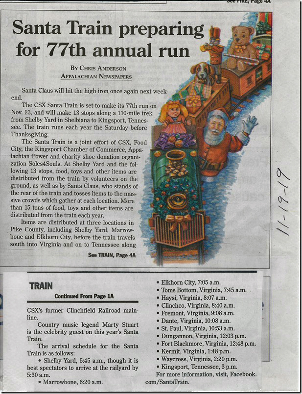 Appalachian Newspspers article on the Santa Train 2019. 11-19-2019.