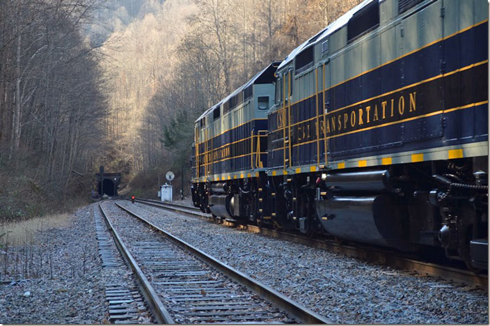 At mile post 32.49, P001-19 heads toward Sandy Ridge Tunnel, the longest on the old Clinchfield at 7,854 ft. This is the crest of the grade from Elkhorn City. Trammel VA.