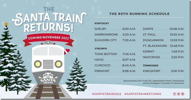The schedule for the 81st running of the Santa Train on 11-18-2023 wasn’t any different than last year. Santa Train schedule 2022.