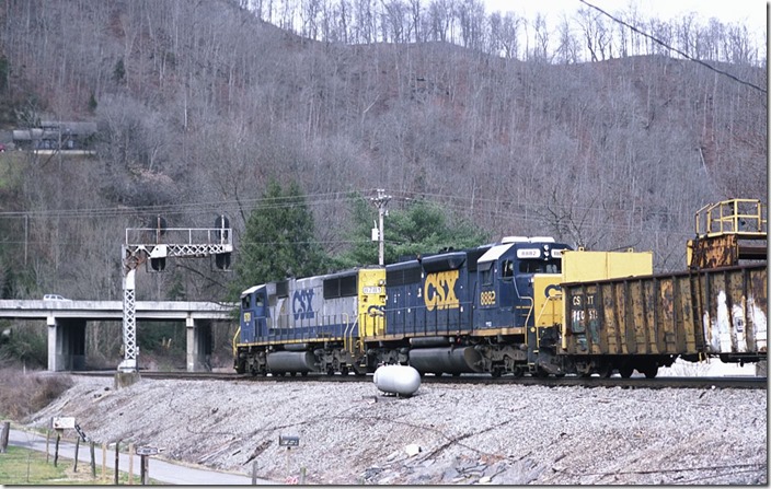 Rail train W019-18 behind 8781-8882 moves off the switching lead onto No. 2 track at Fords Branch.