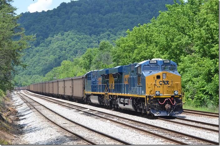 CSX new ES44ACs 3228-3227 waiting on a crew at the east end of Shelby. 05-30-2015.