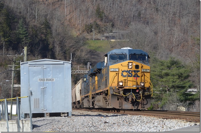 5397-5313 followed with eastbound grain train G652-23. Fords Branch.