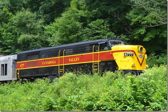 CVSR 6777 is the same vintage MLW FPA-4 as “B&O 800.” CVSR 6777. view 2. near Indigo Lake OH.