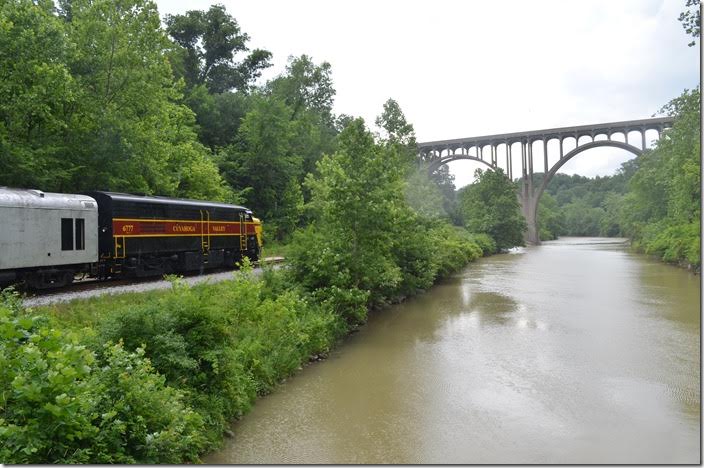 At Brecksville station the CVSR passes under this beautiful concrete viaduct that carries OH route 82 across the Cuyahoga valley. CVSR 6777. Brecksville OH