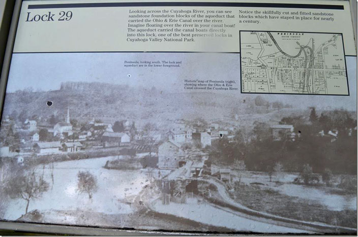 Lock 29 display. On the left you see the depot. The canal had an aqueduct here to cross the crooked Cuyahoga River. Peninsula OH.