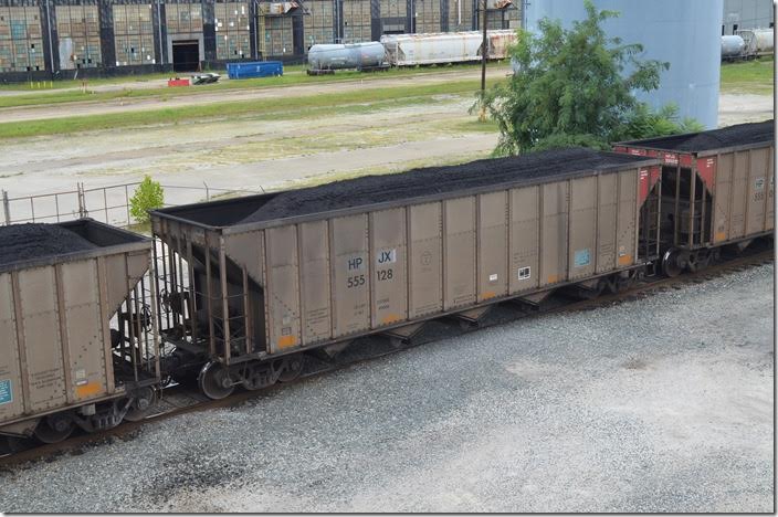 HPJX (Helm Pacific Leasing) 555128 rotary coupler/rapid discharge lease hopper is leaving Russell KY on a westbound coal train on 08-06-2017. These cars were built by Freight Car America in 2005. I don’t know where this coal train was going.