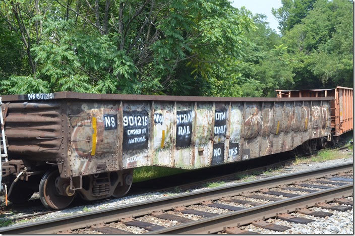 NS MoW 901219 was built 10-1967. Due to its condition it has been relegated to “Scrap Rail Only – No Ties” although there is a tie gon coupled to it. Blue Ridge VA on 08-25-2018. In the early 1980s I shot a local switching cars of stone or ballast here for the quarry. Doesn’t look like the railroad has that business anymore. Blue Ridge VA.