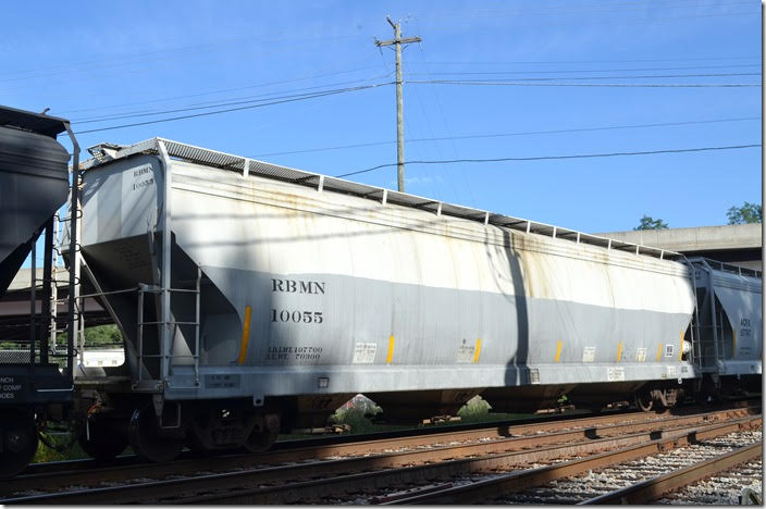 RBMN covered hopper 10055 belongs to Reading, Blue Mountain & Northern, an eastern Pennsylvania short line. This covered hopper was built by AC&F (American Car & Foundry) in 10-1977. The load limit is 197,700 lbs and the volume is 5700 cubic feet. It is hauling anthracite fine coal from Hazleton Shaft mine near Hazleton PA to Nucor Steel in Kinsler NC. It is on NS at Lynchburg VA 08-25-2018.