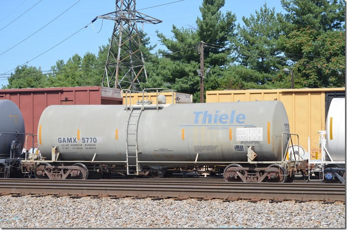 GAMX (General American of Mexico) tank 5770 is likewise leased to Thiele. All are on a southbound NS freight leaving Lynchburg on 08-25-2018. Thiele leases cars from everyone! Lynchburg VA.