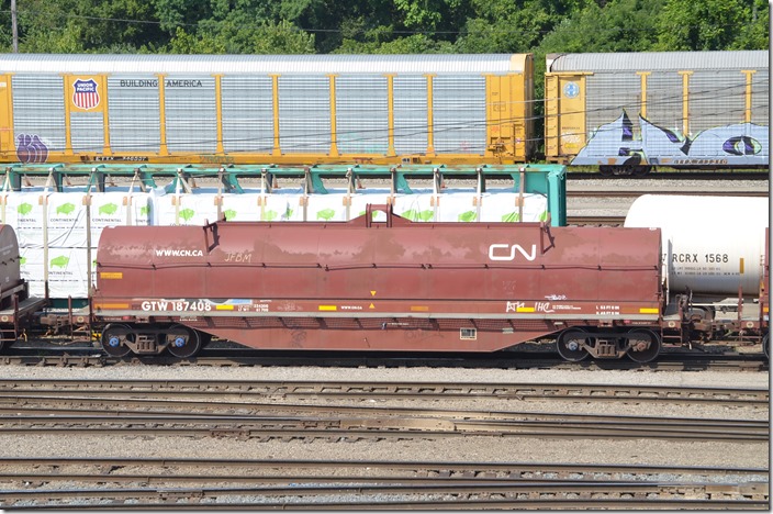 Grand Trunk Western (CN) coil steel flat 187408 in Queensgate Yard. Queensgate OH. 08-02-2019.