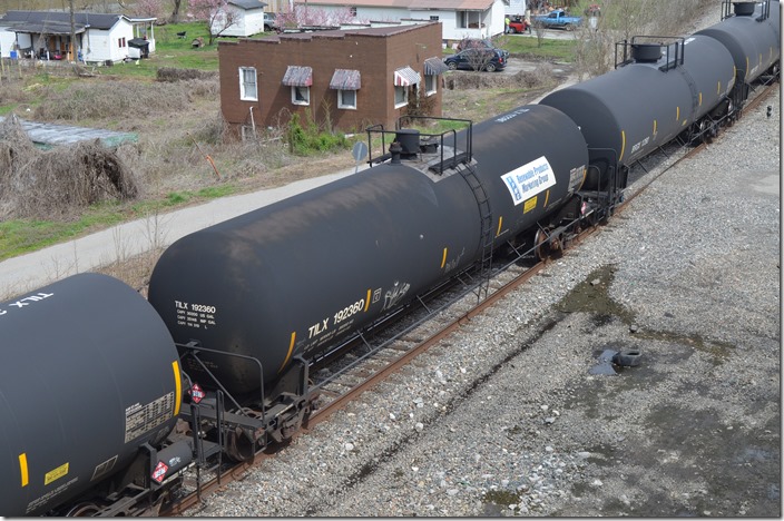 TILX (Trinity Industries Leasing) tank 192360 has the “Renewable Products Marketing Group” logo seen on many ethanol tanks through here. Built by Trinity 04-2008. Leaving Shelby KY on K447 03-22-2020.