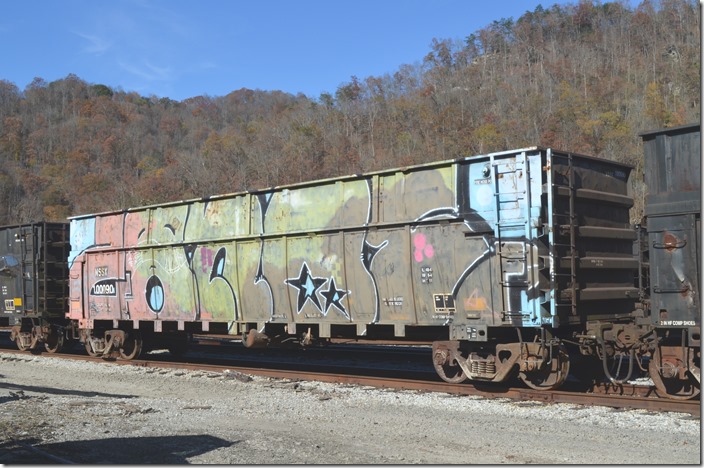 Interesting paint job on NSSX gon 100090. Ex-ESIX, exx-SRLX-2030, nee-DEEX 9107. Shelby KY.