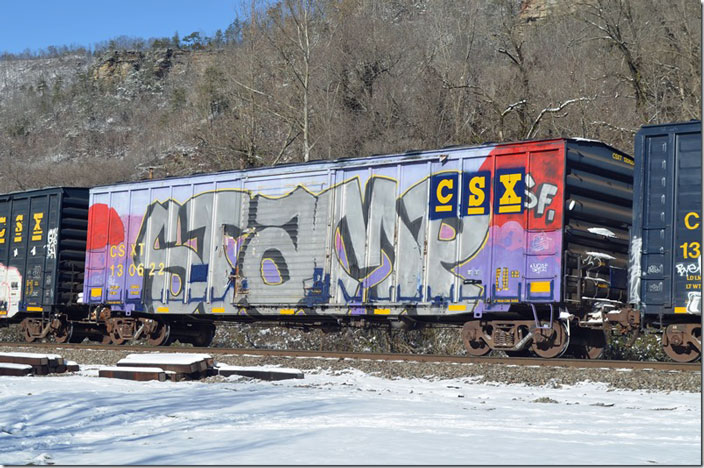 CSX box 130622 is ex-SBD, nee-RBOX. Passing Elkhorn City KY, on Q693, 12-26-2020. The car has 6,000 cubic feet, 158,600 load limit and was built 01-75. If you’re gonna’ tag ‘em, paint the whole car! It caught my eye from a distance.