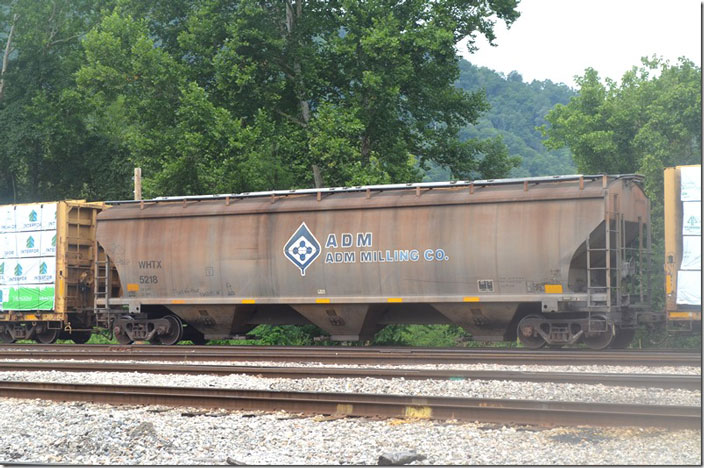 WHTX covered hopper 5218 (ADM Milling Co.) is part of Archer-Daniels-Midland Co., the huge food processing company. Shelby KY. 07-17-2021.