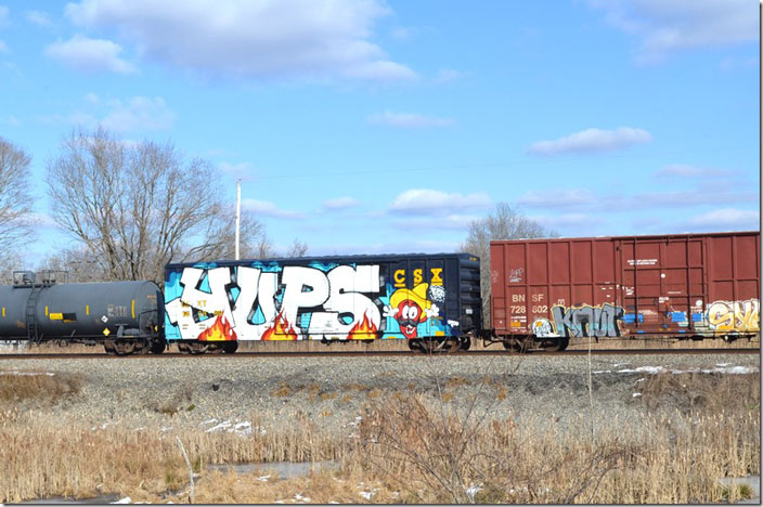 CSX box 142889 on w/b Q303 (Russell-Queensgate) passing Edington KY on 01-25-2022. This is a new level in advertising!