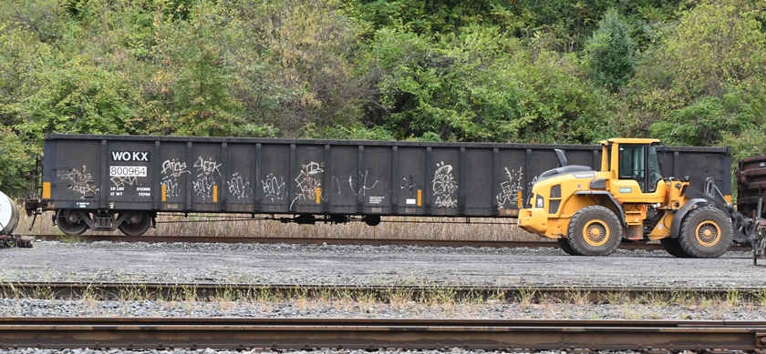 WOKX (Progress Rail Leasing, ex-Hampton Capital LLC) is parked at the Stella-Jones tie yard at Maidsville WV on 09-27-2024.
